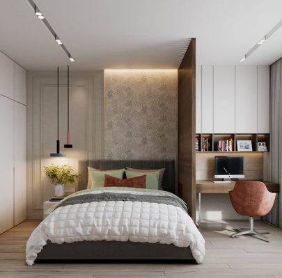 Thiết kế nội thất với gam màu trắng tạo không gian phòng ngủ thoải mái, sạch sẽ, gọn gàng